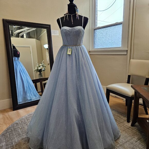 Size 0 light blue sparkle prom dress with corset look top and full ballgown - Picture 1 of 11